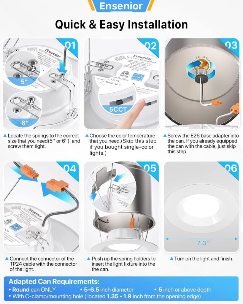 Ensenior 24 Pack Dimmable Downlight, 5/6 Inch LED Can Lights Retrofit Recessed Lighting,3000K Warm White, 12W=110W, 1100LM–FCC, Metal Smooth Trim, ETL and Energy Star