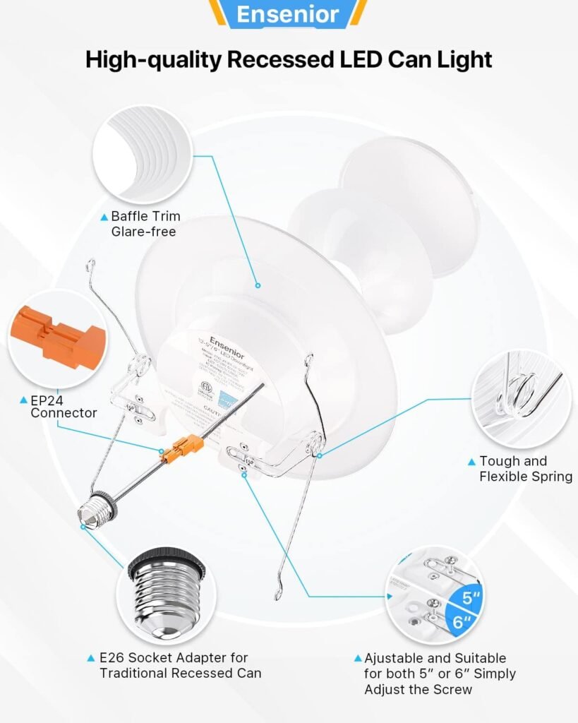 Ensenior 24 Pack Dimmable Downlight, 5/6 Inch LED Can Lights Retrofit Recessed Lighting,3000K Warm White, 12W=110W, 1100LM–FCC, Metal Smooth Trim, ETL and Energy Star