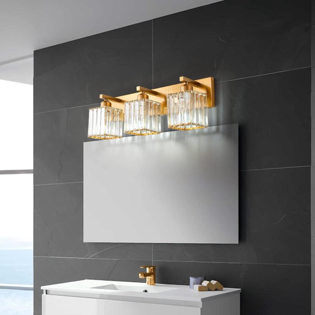 FDPBY Modern Bathroom Vanity Light 3-Lights Modern Gold Brushed Brass Finish Crystal Bathroom Wall Light Bathroom Vanity Light Fixtures