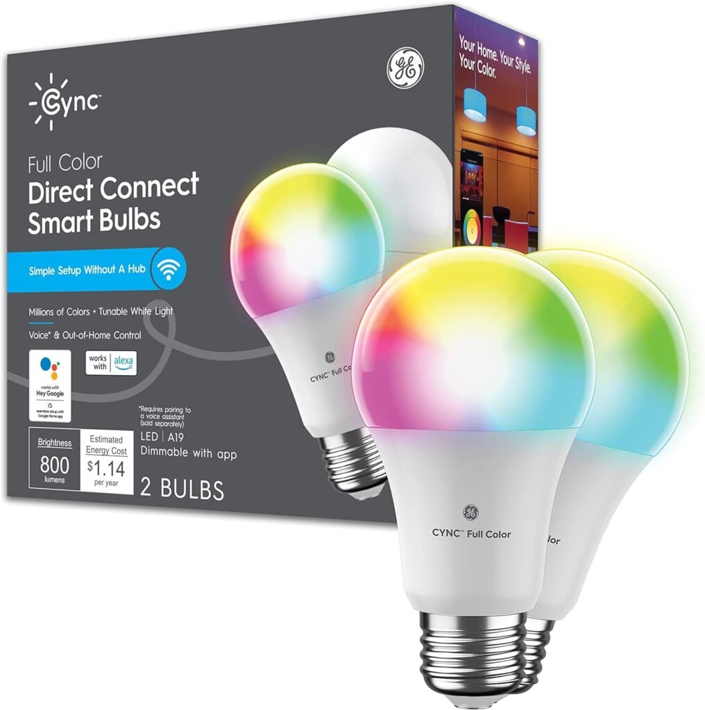 GE CYNC Smart LED Light Bulbs, Color Changing, Bluetooth and Wi-Fi, Christmas Lights and Holiday Decor, Works with Alexa and Google Home, A19 Bulbs (2 Pack)