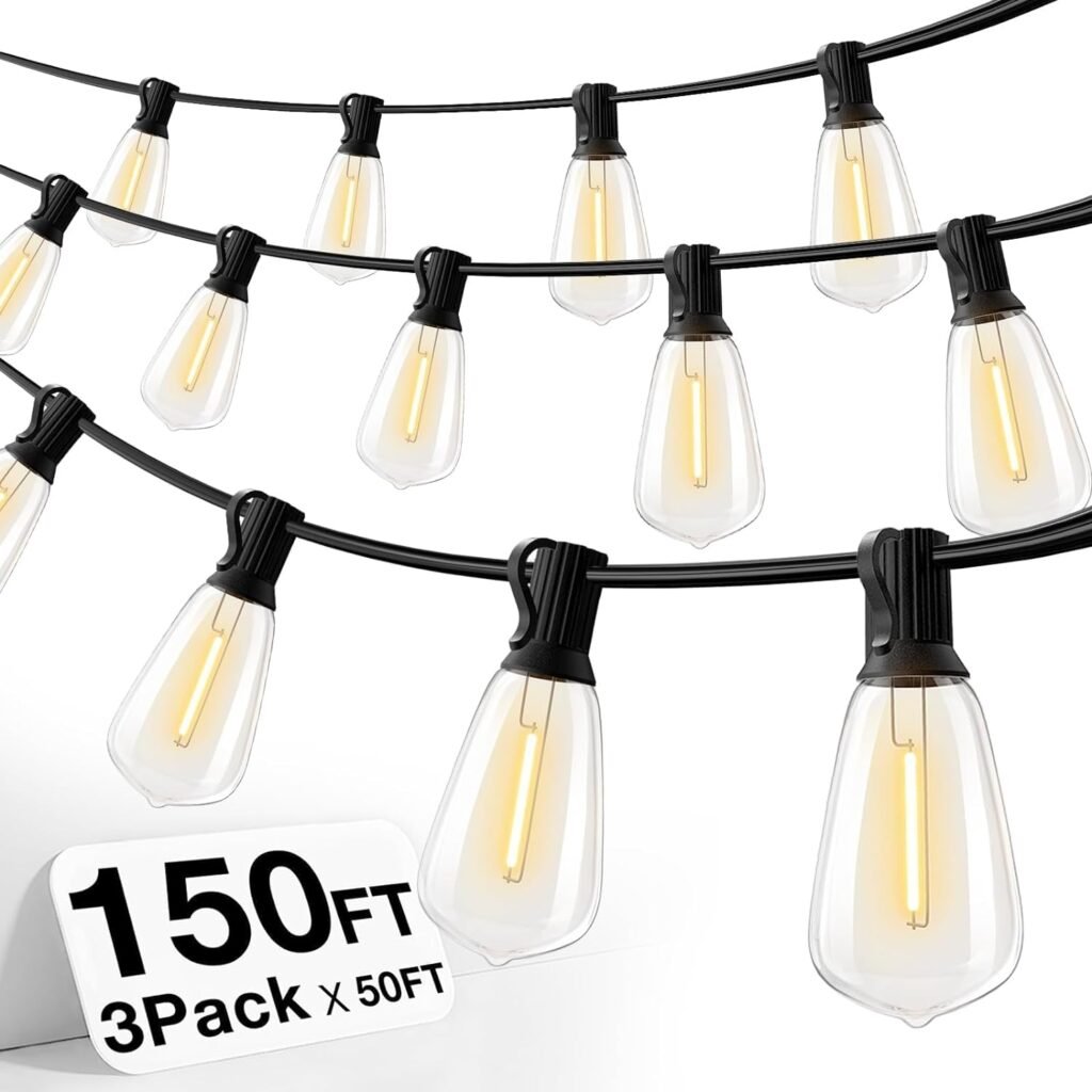 addlon 150 FT (3x50FT) Outdoor String Lights,Waterproof Patio Lights UL Listed with 45+3 Shatterproof Dimmable ST38 LED Bulbs,2700K Connectable Outdoor Lighting for Backyard Bistro Garden