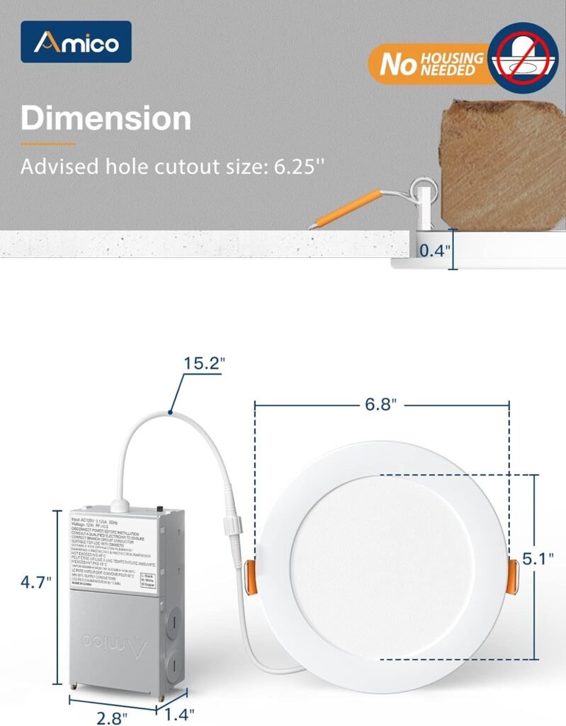 Amico 20 Pack 4 Inch 5CCT Ultra-Thin LED Recessed Ceiling Light with Junction Box, 2700K/3000K/3500K/4000K/5000K Selectable, 11W Eqv 70W, Dimmable Can Light, 800LM High Brightness Downlight - ETL