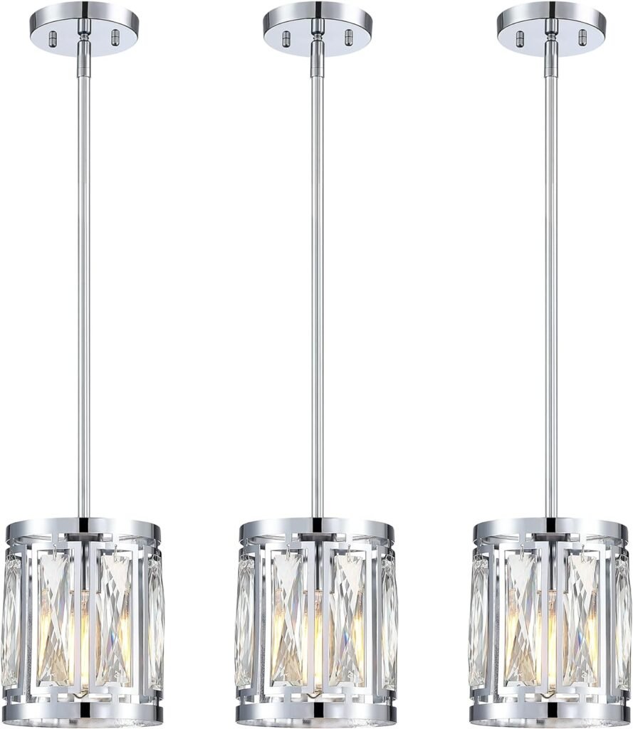 Crystal Pendant Lighting Fixture Chrome Drum Shade Chandelier,3-Pack Pendant Lights for Kitchen Island Modern Ceiling Light for Living Room