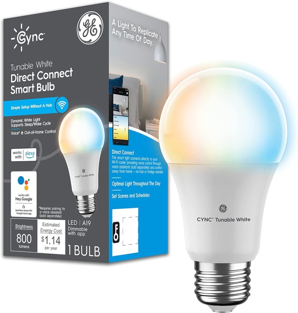 GE CYNC Smart LED Light Bulbs, Tunable White, Bluetooth and Wi-Fi, Works with Alexa and Google, A19 (2 Pack)