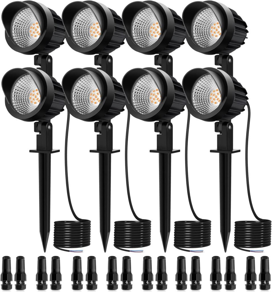 MEIKEE 7W Low Voltage Landscape Lights, DC/AC 12V 24V Landscape Lighting LED, 800lm Warm White Waterproof Outdoor Spotlights, Garden Pathway Patio Yard Lights Decor (8 Pack with Connectors)