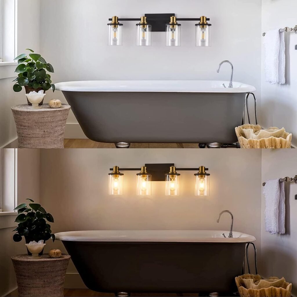 2 Light Bathroom Vanity Light, Modern Matte Black Bathroom Lights Fixtures Over Mirror, Black Vanity Lights with Clear Glass Shade, Wall Scone Lighting for Bathroom, Living Room