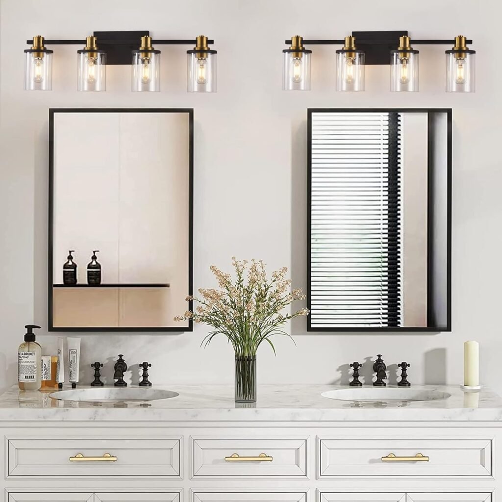 2 Light Bathroom Vanity Light, Modern Matte Black Bathroom Lights Fixtures Over Mirror, Black Vanity Lights with Clear Glass Shade, Wall Scone Lighting for Bathroom, Living Room