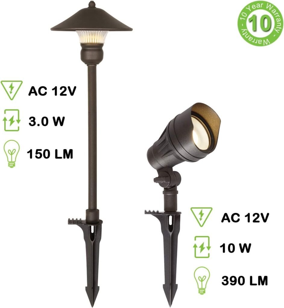 8 Pack Low Voltage LED Landscape Kits, 12V Pathway Flood Light Kits, 10W 390LM and 3W 150LM Wired for Outdoor Yard Lawn, Die-cast Aluminum, 50W and 30W Equivalent 15-Year Lifespan