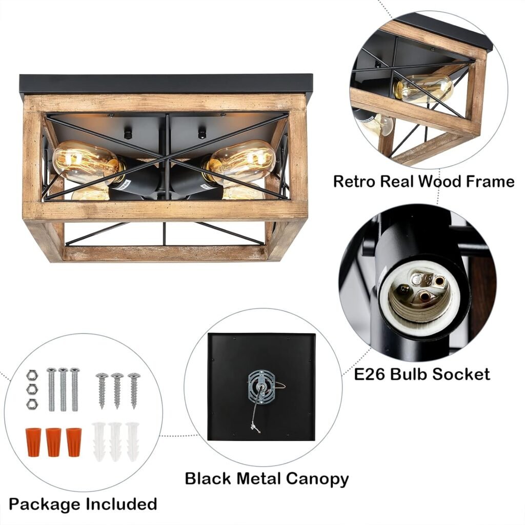 eyassi Wooden Flush Mount Ceiling Lights, 4-Light Farmhouse Close to Ceiling Lighting Fixtures Black Ceiling Lamp for Kitchen Island Living Room Bedroom Hallway Laundry Entryway