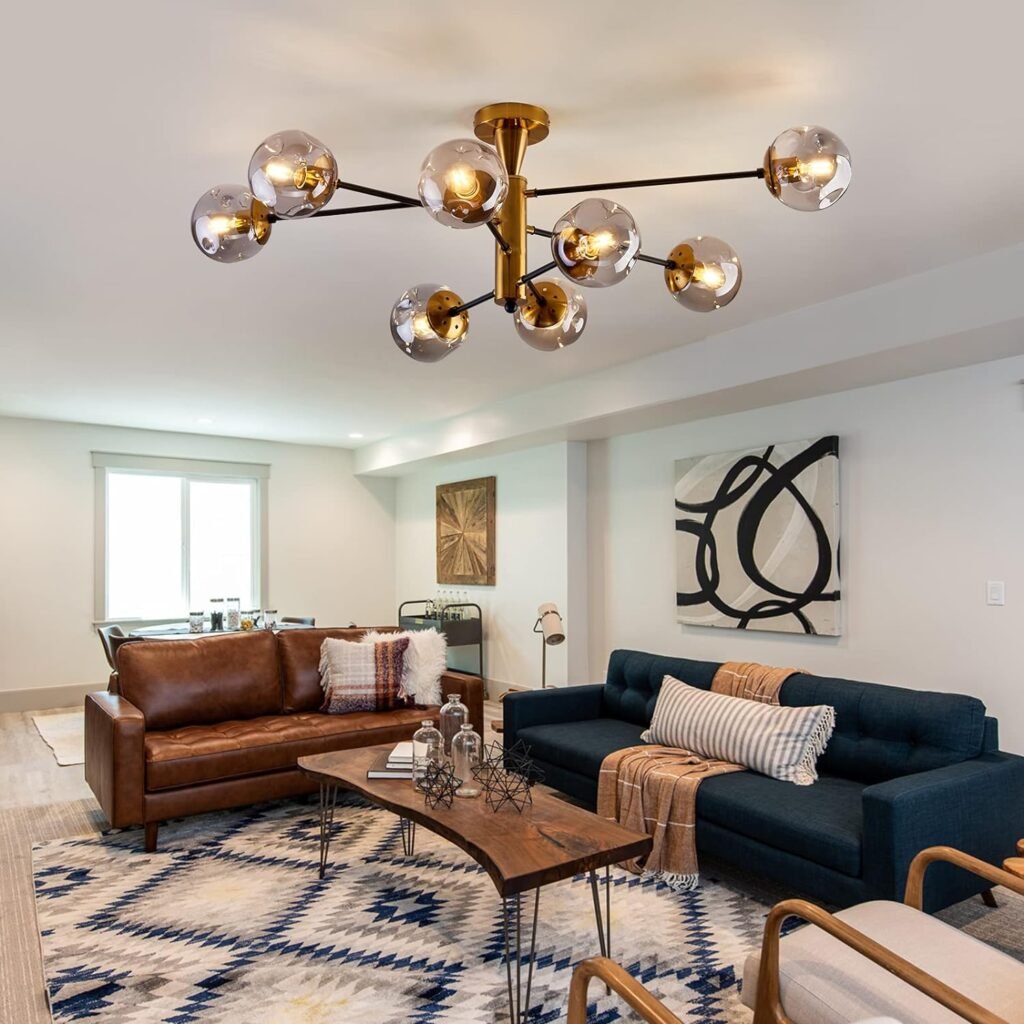 hesoge Modern Semi Flush Mount Ceiling Light Fixture 6-Light Sputnik Gold Chandelier with Glass Globe Mid Century Ceiling Lighting for Dinning Room Farmhouse Kitchen Bedroom Living Room.