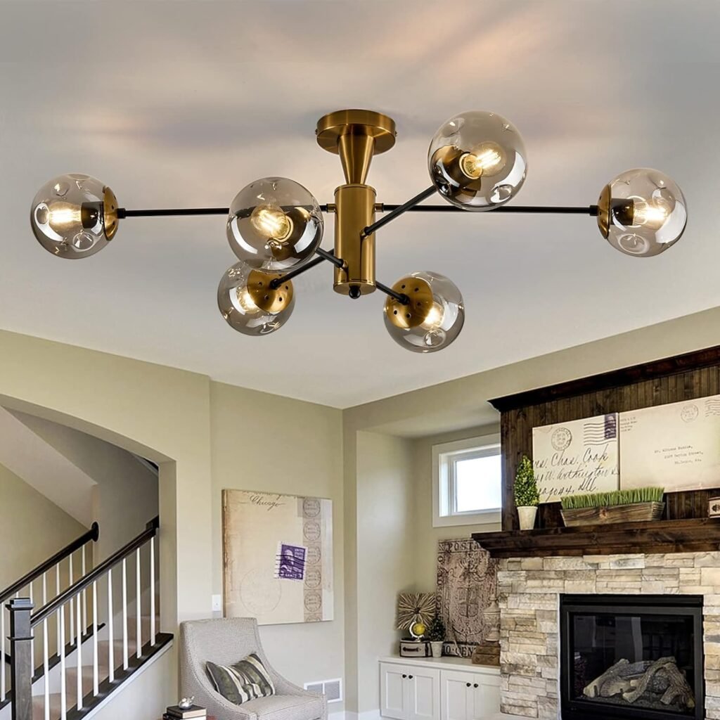 hesoge Modern Semi Flush Mount Ceiling Light Fixture 6-Light Sputnik Gold Chandelier with Glass Globe Mid Century Ceiling Lighting for Dinning Room Farmhouse Kitchen Bedroom Living Room.