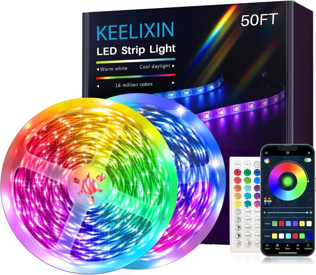 LED Lights 50ft,RGB LED Strip Lights,LED String Lights,Bluetooth LED Lights,LED Rope Lights for Bedroom,String Lights Bedroom,Tape Lights,Room Lighting with Smart APP  Remote Control,2Rolls of 7.5m