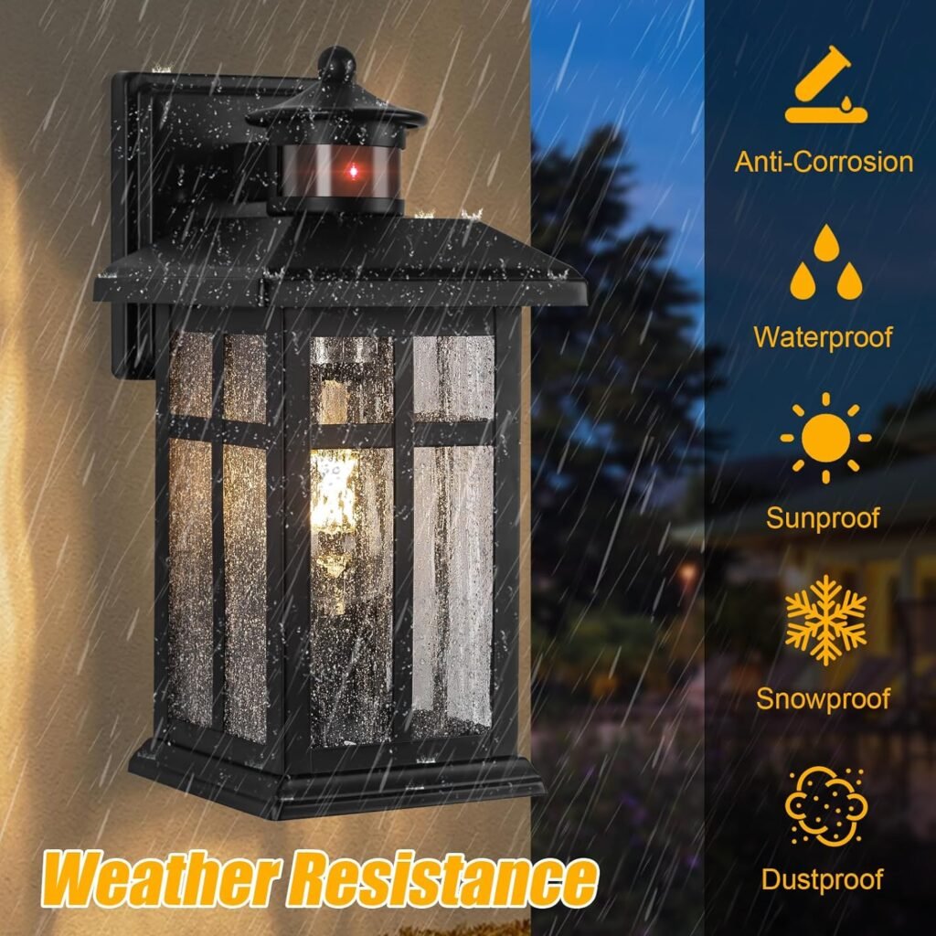 Motion Sensor Outdoor Wall Lights 2 Packs- Updated Dusk to Dawn Outdoor Lighting, Exterior Light Fixtures with E26 Sockets  Tempered Glass, Wall Mounted Black Waterproof Outdoor Lights for House