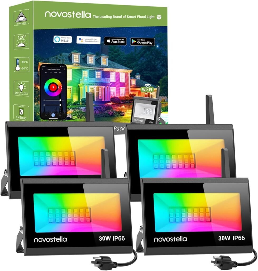 NOVOSTELLA LED Flood Lights Outdoor, 30W RGB Smart LED Flood Lights, Second-Generation WiFi Landscape Lighting Stage Dimmable Color Changing Uplight, IP66 Waterproof, Work with Alexa, 4 Pack.