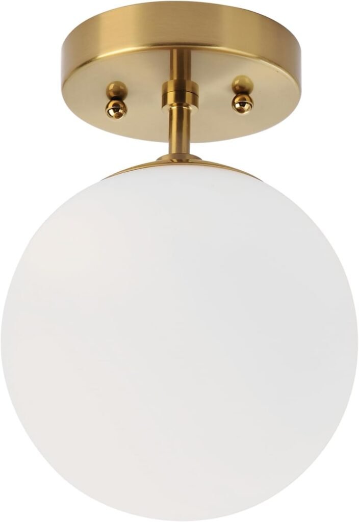 Pirxxiy Brass Semi Flush Mount Ceiling Light Fixture, Frosted Glass Shade Vintage Close to Ceiling Light Fixture, Modern Indoor Flush Mount Light for Bedroom, Entryway, Corridor, Room Decor Lamp