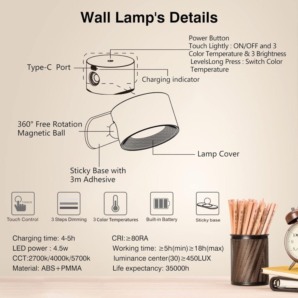 Smart Wall Sconces, Koopala LED Mounted Lamps with 3 LightingRGBAmbiance Mode, APPTouch Control, Stepless Dimming, 360°Rotate, Cordless Light Rechargeable Battery for Reading Bedside