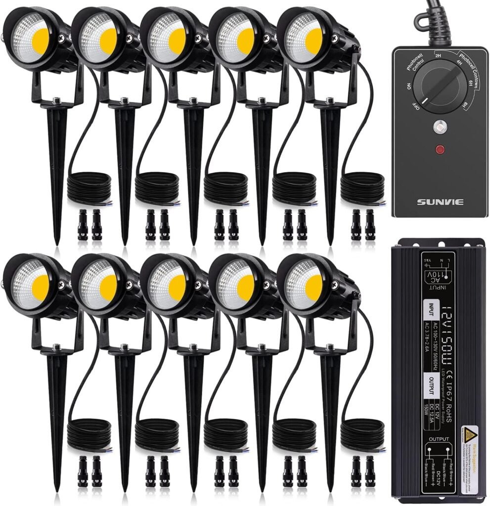 SUNVIE Low Voltage Landscape Lights Kit with Transformer and Timer 12W 12-24V Outdoor LED 3000K Waterproof Landscape Lighting with Wire Connector for Garden Pathway Wall Tree ETL Listed Cord, 10 Pack