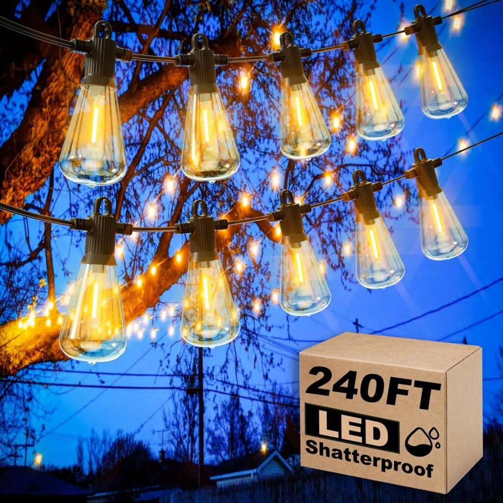 Zuske Outdoor String Lights, 240FT LED Patio Lights with 120+4 ST38 Vintage Edison Shatterproof Bulbs, Waterproof Connectable Dimmable Outside Hanging Lights for Backyard Bistro Porch Garden(120FTx2)