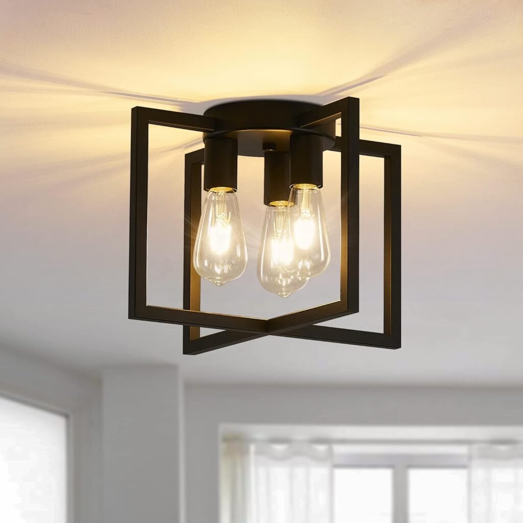 3-Light Ceiling Light Fixture, Black and Gold Semi-Flush Mount Chandelier with Geometric Metal Shade, Farmhouse Industrial Lighting for Kitchen Living Room Bedroom Hallway Foyer, E26 Base