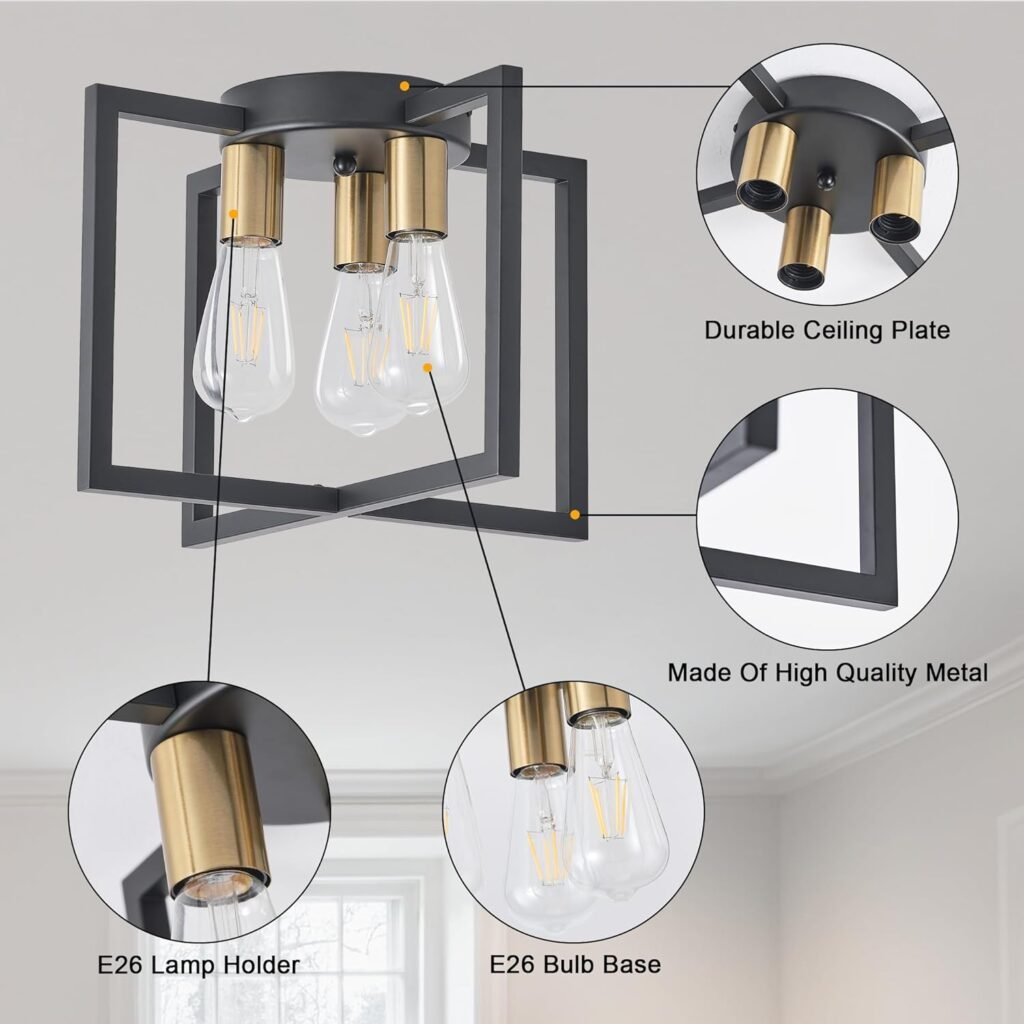 3-Light Ceiling Light Fixture, Black and Gold Semi-Flush Mount Chandelier with Geometric Metal Shade, Farmhouse Industrial Lighting for Kitchen Living Room Bedroom Hallway Foyer, E26 Base