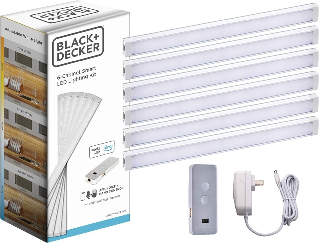 BLACK+DECKER Works with Alexa Smart Under Cabinet Lighting Kit, Adjustable LEDs, (6) 9 Bars, White