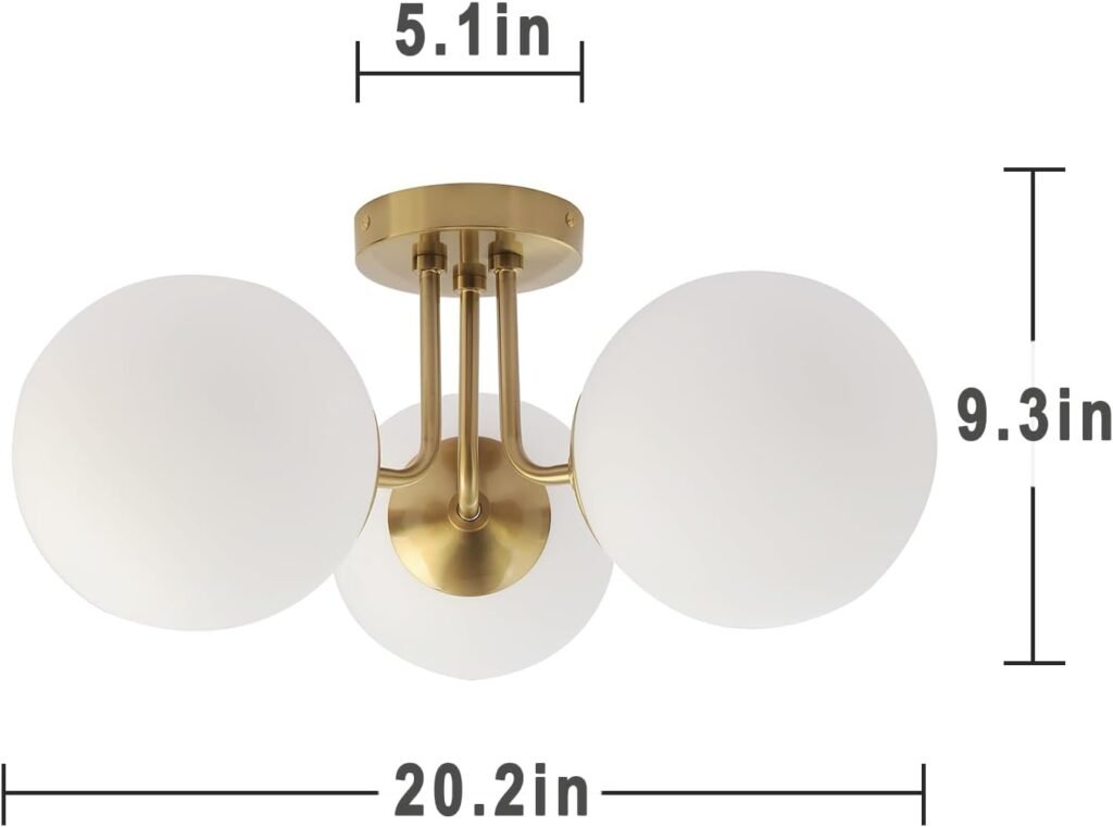 Brass 3 Lights Semi Flush Mount Ceiling Light Fixture, Frosted Glass Shade Vintage Close to Ceiling Light Fixture, Modern Indoor Flush Mount Light for Bedroom, Living Room Chandelier Lighting