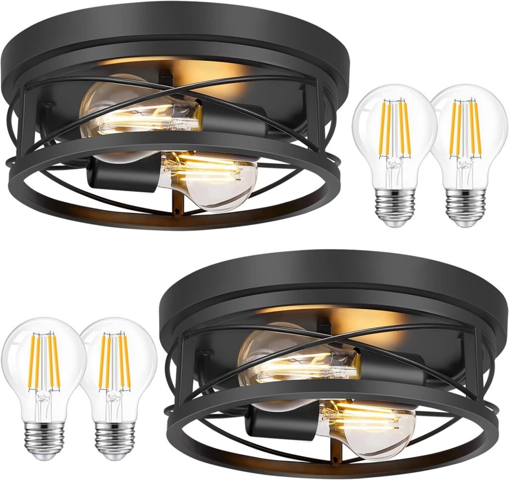 Farmhouse 2-Light Black Flush Mount Ceiling Light Fixtures, Industrial Vintage Metal Cage Closed to Ceiling Mount Lamp for Hallway Kitchen Bedroom 2 Pack, A19 LED Bulbs Included