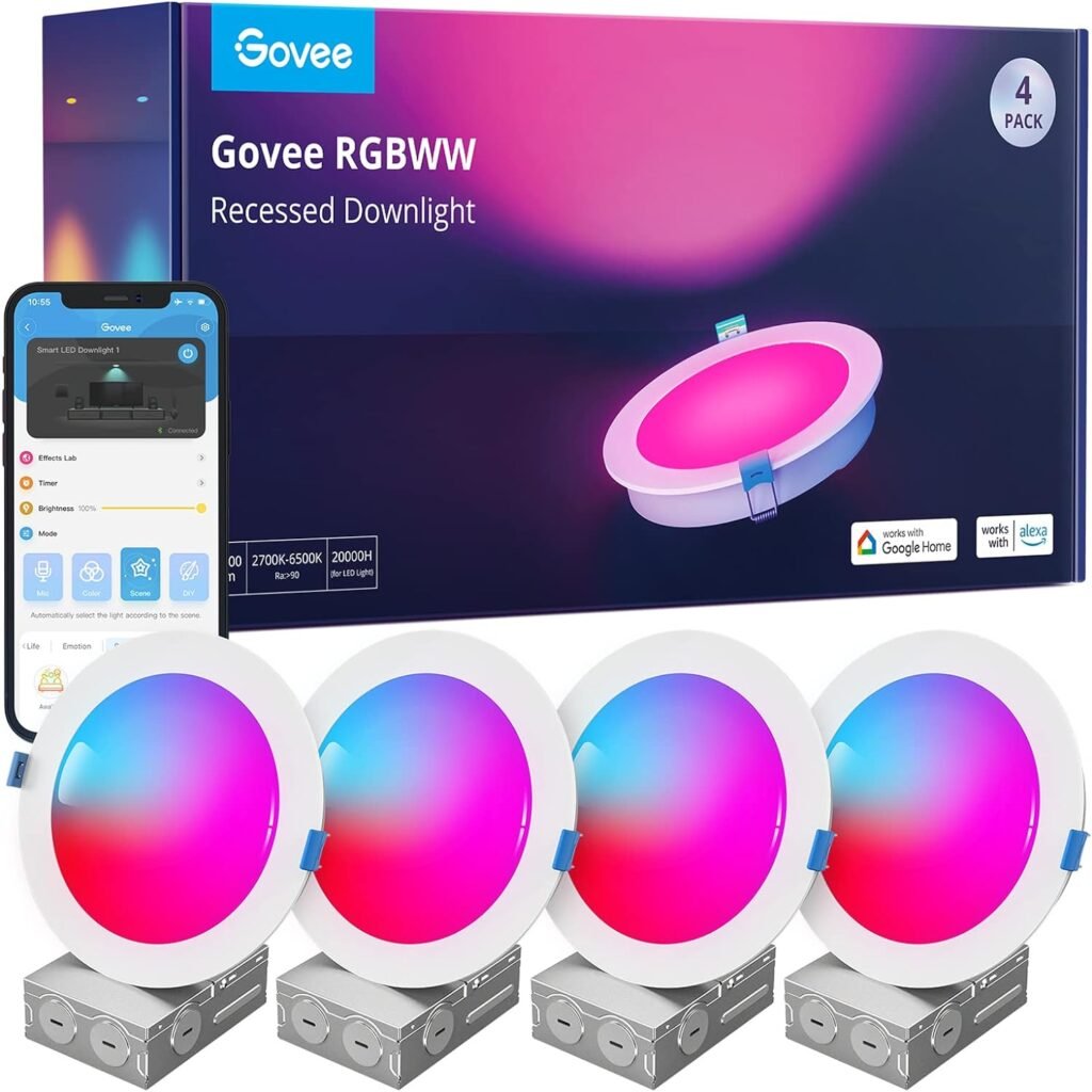 Govee Smart Recessed Lighting 6 Inch, Wi-Fi Bluetooth Direct Connect RGBWW LED Downlight, 65 Scene Mode, Work with Alexa  Google Assistant with Junction Box, 1100 Lumen, 4 Pack