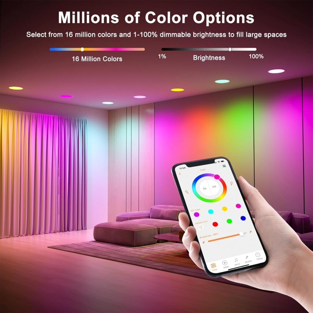 Recessed Lighting 4 Inch Smart LED Recessed Ceiling Light Downlight Work with Alexa 12W 1050 LM Daylight 5000K  RGB Dimmable by APP, Million Colors - DIY Scenes - Timer - 23 Color Changing Modes