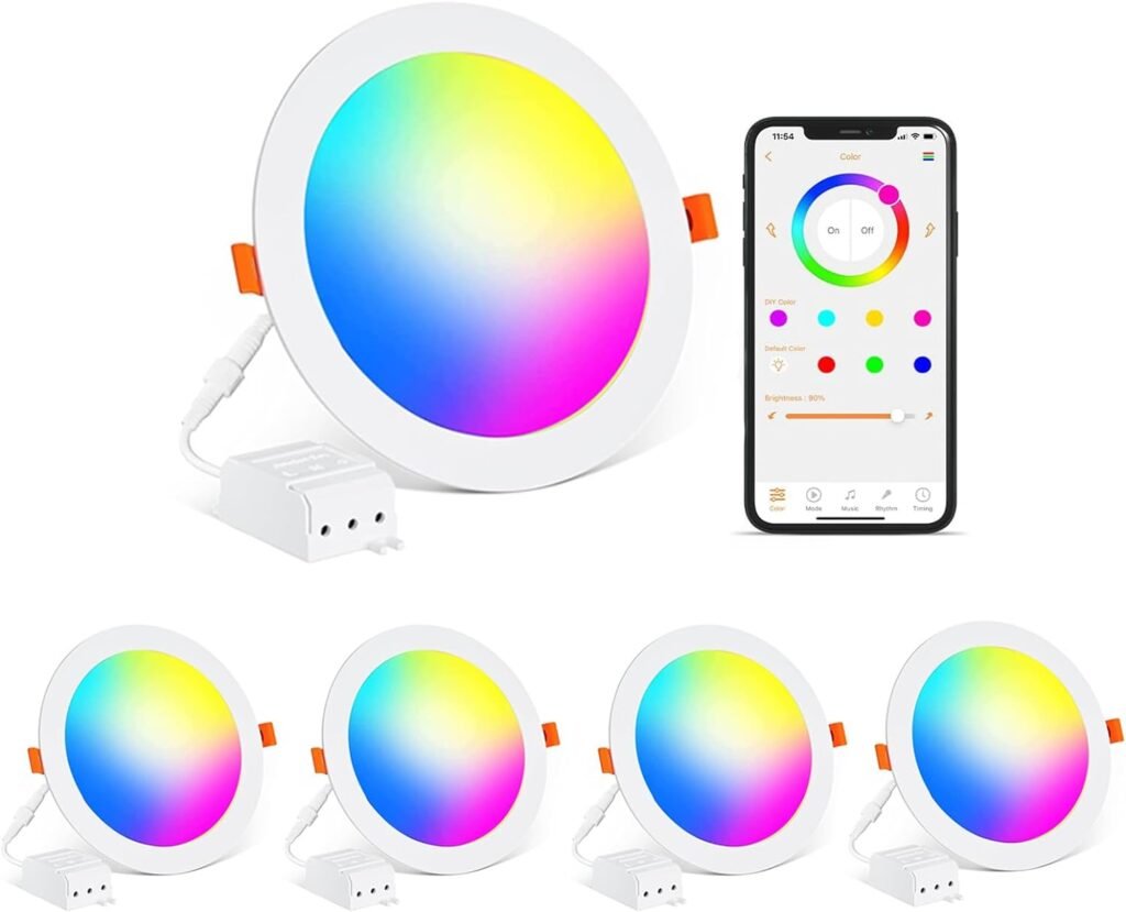 Recessed Lighting 4 Inch Smart LED Recessed Ceiling Light Downlight Work with Alexa 12W 1050 LM Daylight 5000K  RGB Dimmable by APP, Million Colors - DIY Scenes - Timer - 23 Color Changing Modes