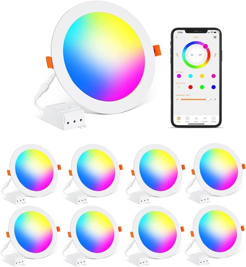 Recessed Lighting 4 Inch Smart LED Recessed Ceiling Light Downlight Work with Alexa 12W 1050 LM Daylight 5000K  RGB Dimmable by APP, Million Colors - DIY Scenes - Timer - 23 Color Changing Modes