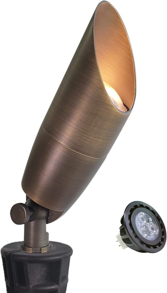 Solid Brass Landscape Spotlight 1-Pack with Bulb(S06), Low Voltage Front and Backyard Landscape Lighting with Large Rugged Slot Spike  Wire Connector,12V AC/DC Garden Patio Spot Up Light