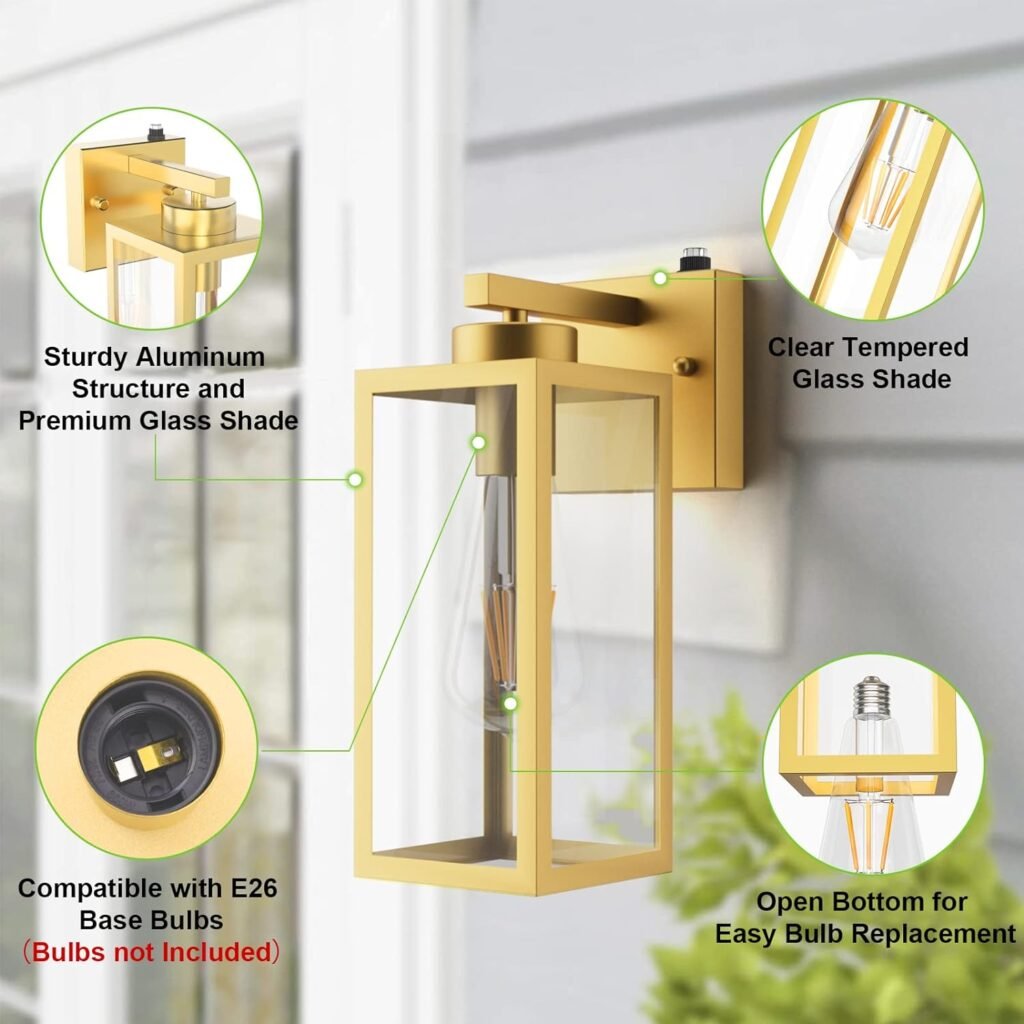 Tipace Dusk to Dawn Outdoor Wall Lantern, Exterior Wall Sconce Sensor Light Fixture, Golden Wall Mount Lights, Gold Outdoor Wall Lights with Clear Glass Shade for Garage, Doorway