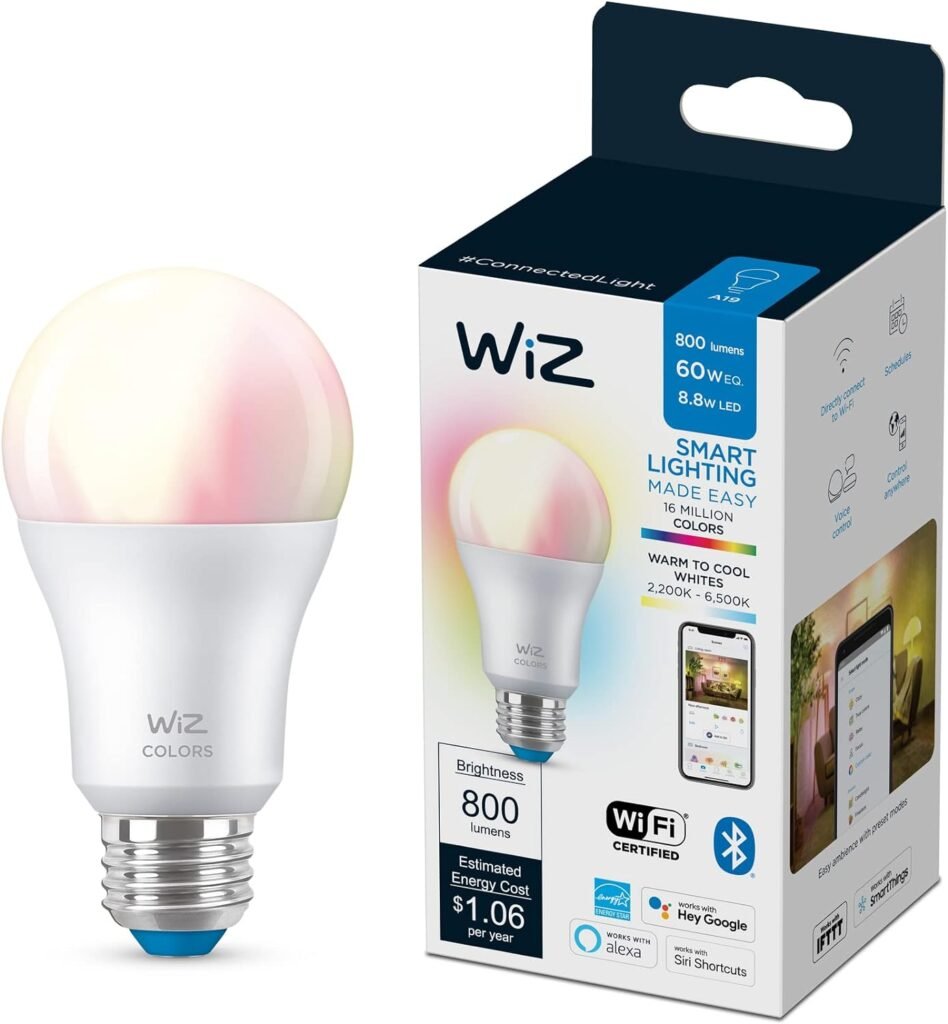 WiZ 60W A19 Color LED Smart Bulb - Pack of 1 - E26- Indoor - Connects to Your Existing Wi-Fi - Control with Voice or App + Activate with Motion - Matter Compatible