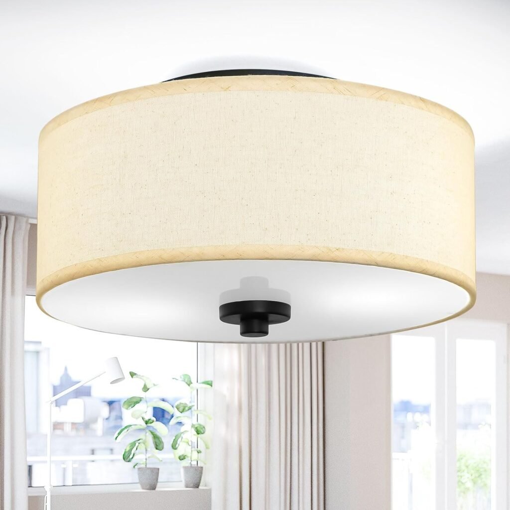 2-Light Flush Mount Ceiling Light Fixture, 12” Modern Close to Ceiling Light with Beige Fabric Drum Shade, Round Pendant Light for Bedroom Hallway Living Room Bathroom Dining Kitchen