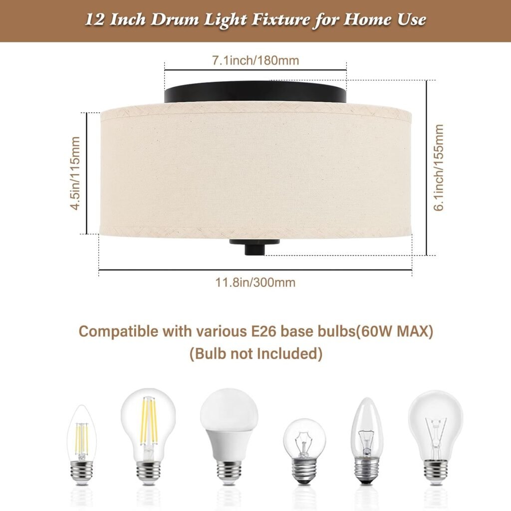 2-Light Flush Mount Ceiling Light Fixture, 12” Modern Close to Ceiling Light with Beige Fabric Drum Shade, Round Pendant Light for Bedroom Hallway Living Room Bathroom Dining Kitchen