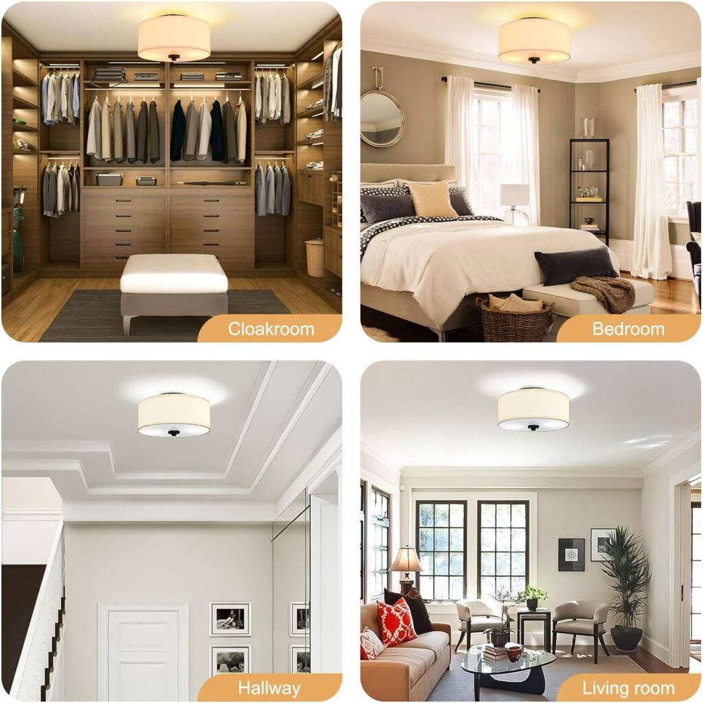 2-Light Flush Mount Ceiling Light Fixture, 12” Modern Close to Ceiling Light with Beige Fabric Drum Shade, Round Pendant Light for Bedroom Hallway Living Room Bathroom Dining Kitchen