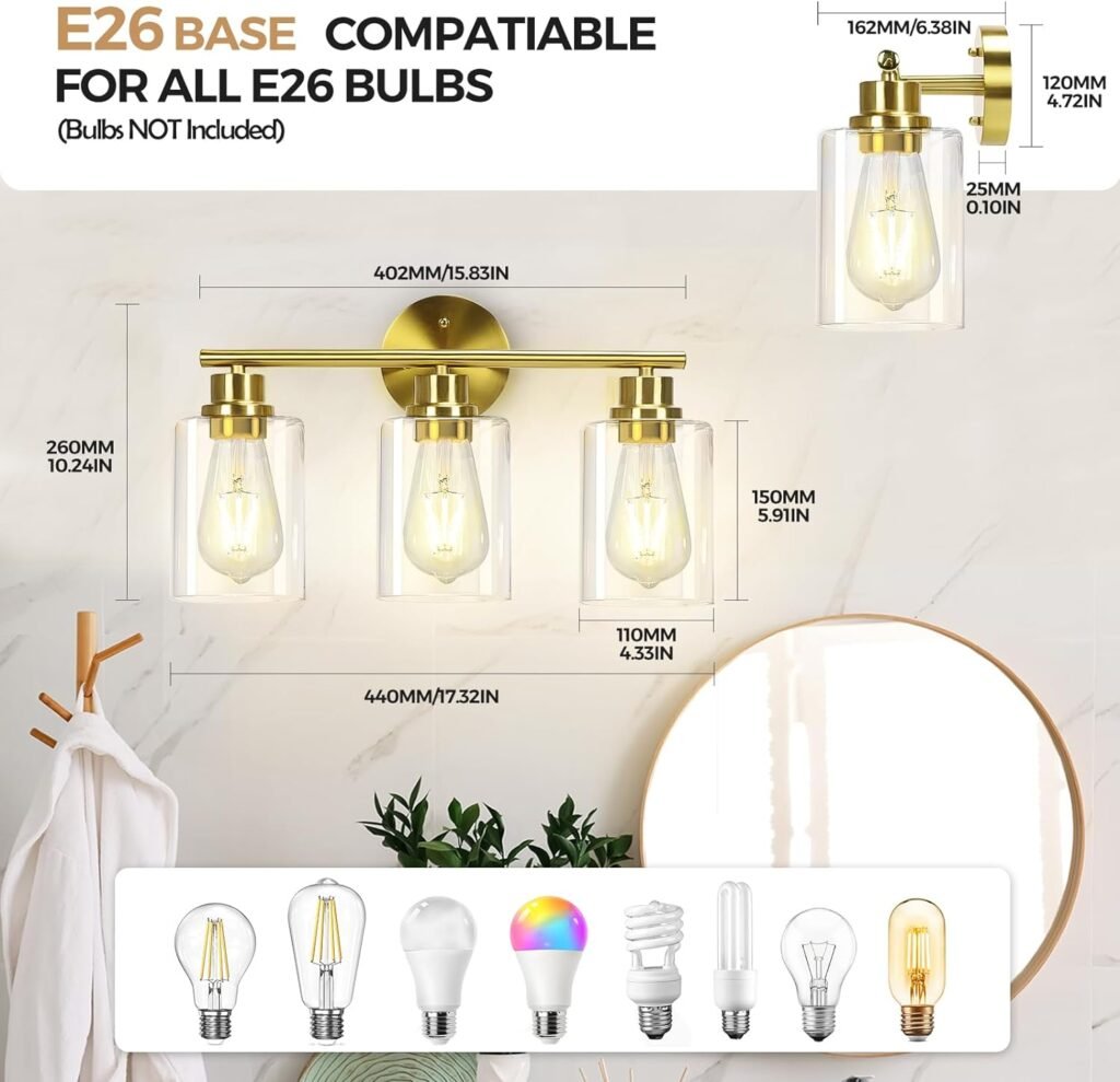 3-Light Brushed Gold Bathroom Vanity Lighting Fixtures Over Mirror, Modern Wall Sconces with Clear Glass Shade, Wall Mounted Lamp for Bedroom Hallway Living Room Kitchen,Bulb Not Included