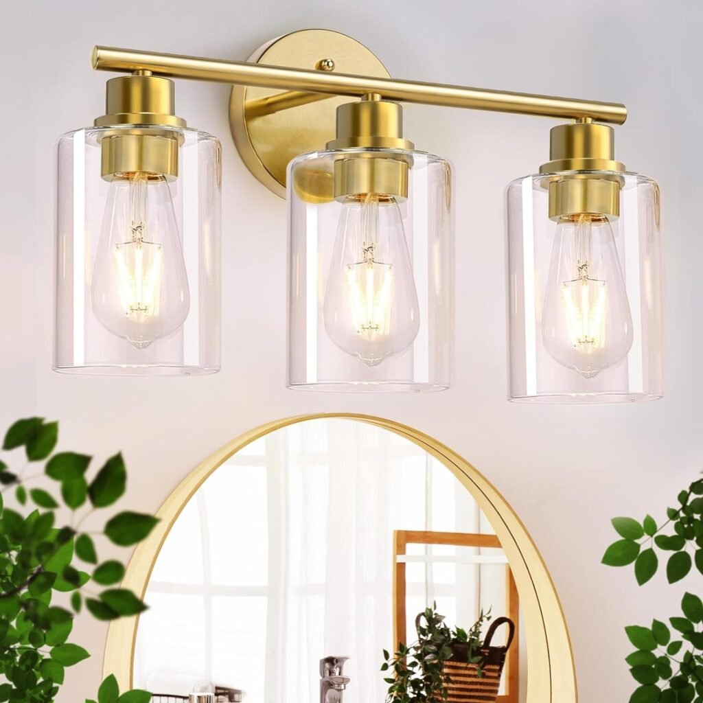 3-Light Brushed Gold Bathroom Vanity Lighting Fixtures Over Mirror, Modern Wall Sconces with Clear Glass Shade, Wall Mounted Lamp for Bedroom Hallway Living Room Kitchen,Bulb Not Included