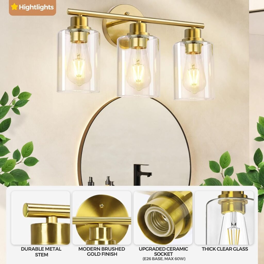 3-Light Brushed Gold Bathroom Vanity Lighting Fixtures Over Mirror, Modern Wall Sconces with Clear Glass Shade, Wall Mounted Lamp for Bedroom Hallway Living Room Kitchen,Bulb Not Included