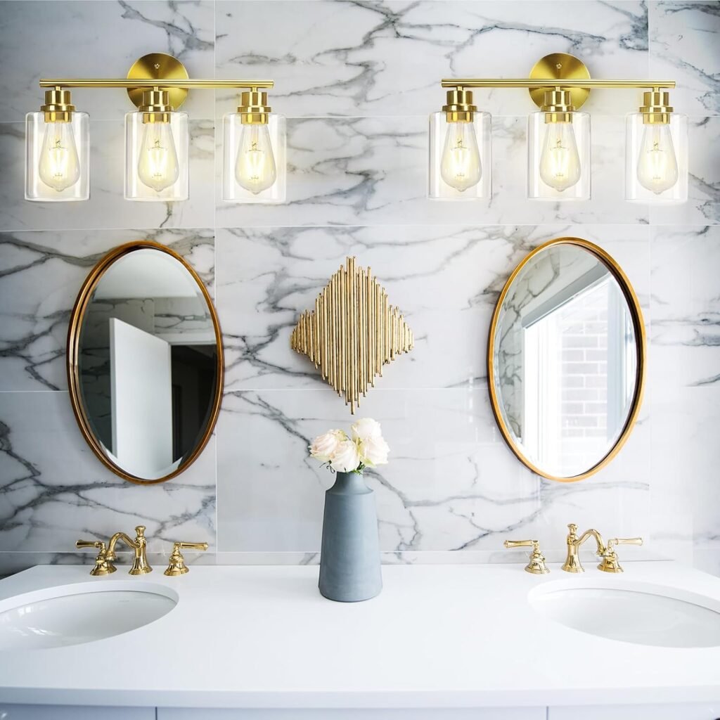 3-Light Brushed Gold Bathroom Vanity Lighting Fixtures Over Mirror, Modern Wall Sconces with Clear Glass Shade, Wall Mounted Lamp for Bedroom Hallway Living Room Kitchen,Bulb Not Included