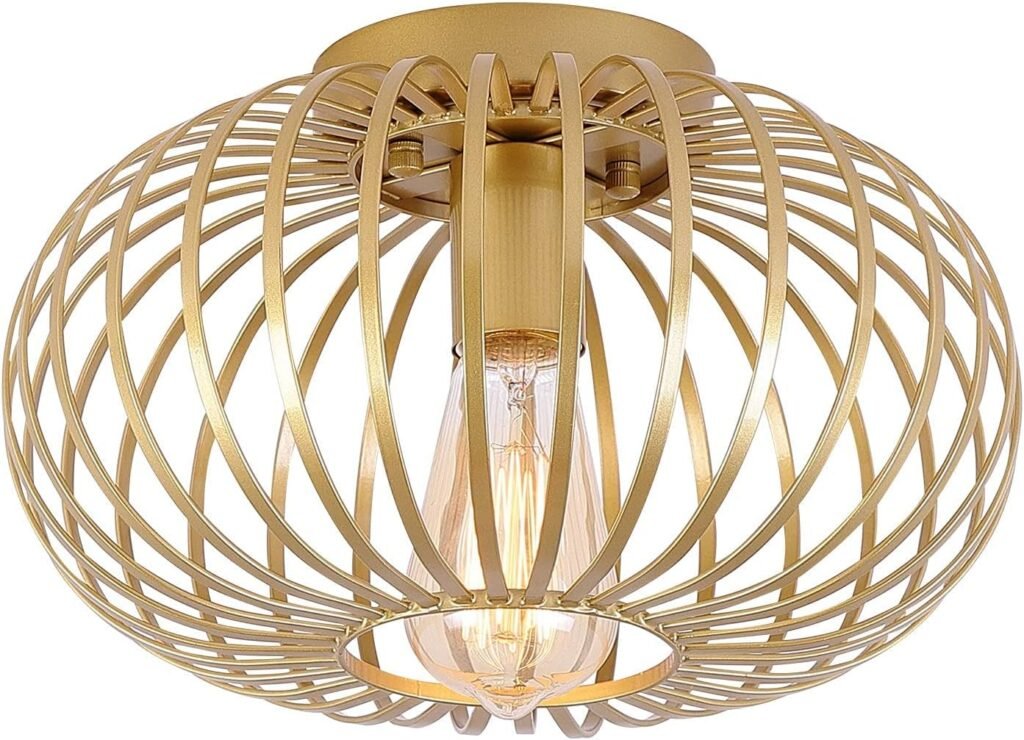 Modern Gold Flush Mount Light Fixture Metal Cage Single Semi Flush Mount Ceiling Light for Hallway Bedroom Kitchen Entryway Farmhouse