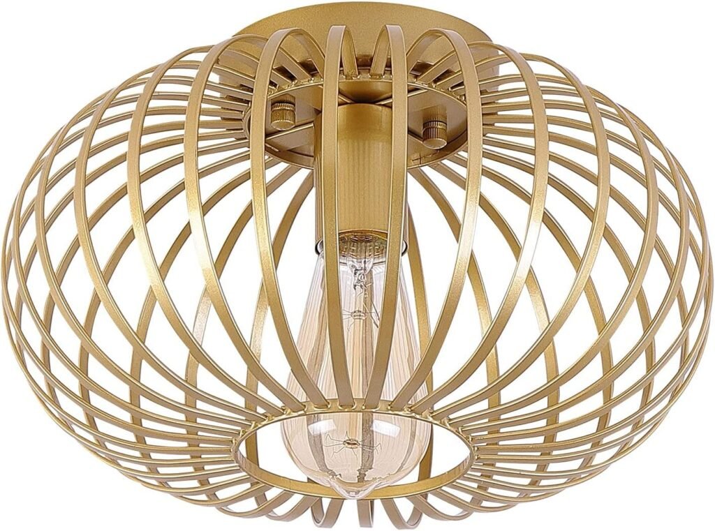 Modern Gold Flush Mount Light Fixture Metal Cage Single Semi Flush Mount Ceiling Light for Hallway Bedroom Kitchen Entryway Farmhouse