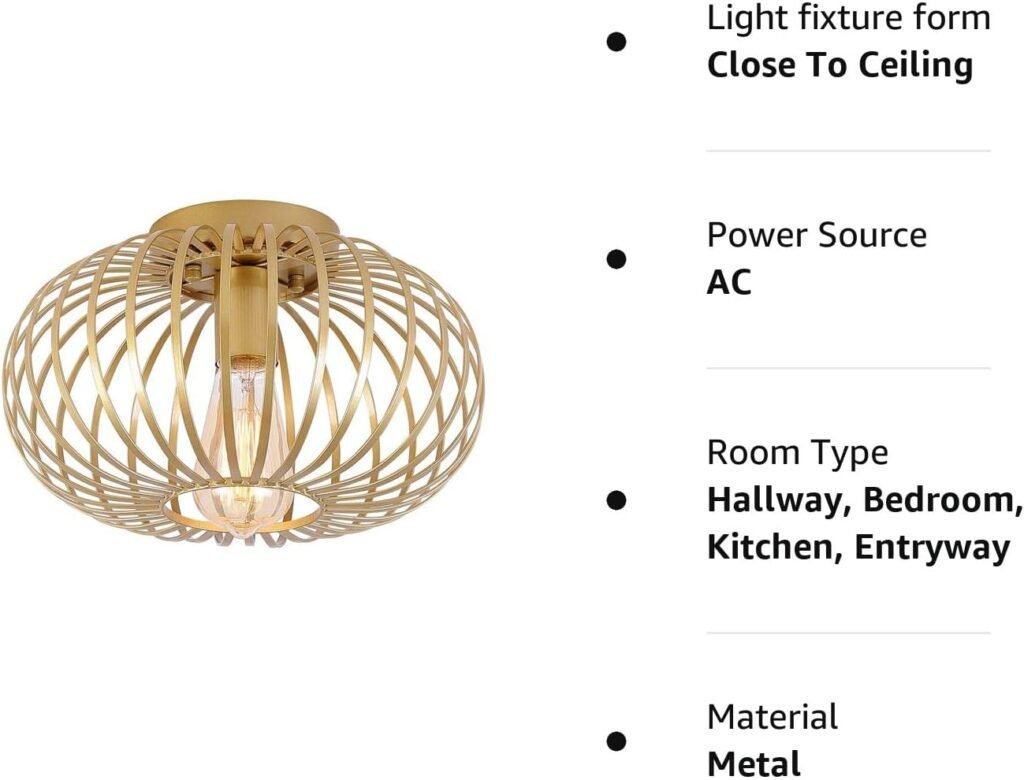 Modern Gold Flush Mount Light Fixture Metal Cage Single Semi Flush Mount Ceiling Light for Hallway Bedroom Kitchen Entryway Farmhouse