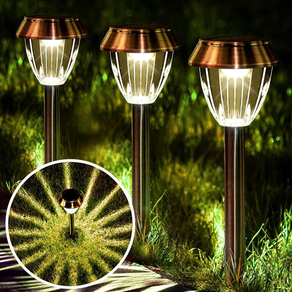 Solar Pathway Lights Outdoor Waterproof 6 Pack Solar Powered Garden Lights Bright Up to 12 Hrs Yard Light LED Landscape Lighting Decorative Copper Stainless Steel Walkway Light, Warm White