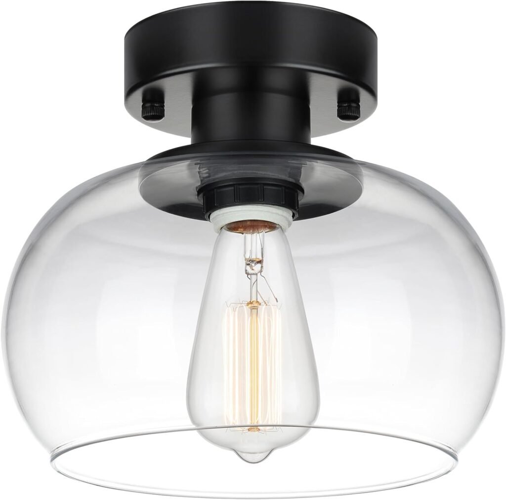 SunRider Semi-Flush Mount Ceiling Light, Modern Clear Glass Ceiling Light Fixture, Matte Black Industrial Pendant Lamp for Bedroom Kitchen Hallway