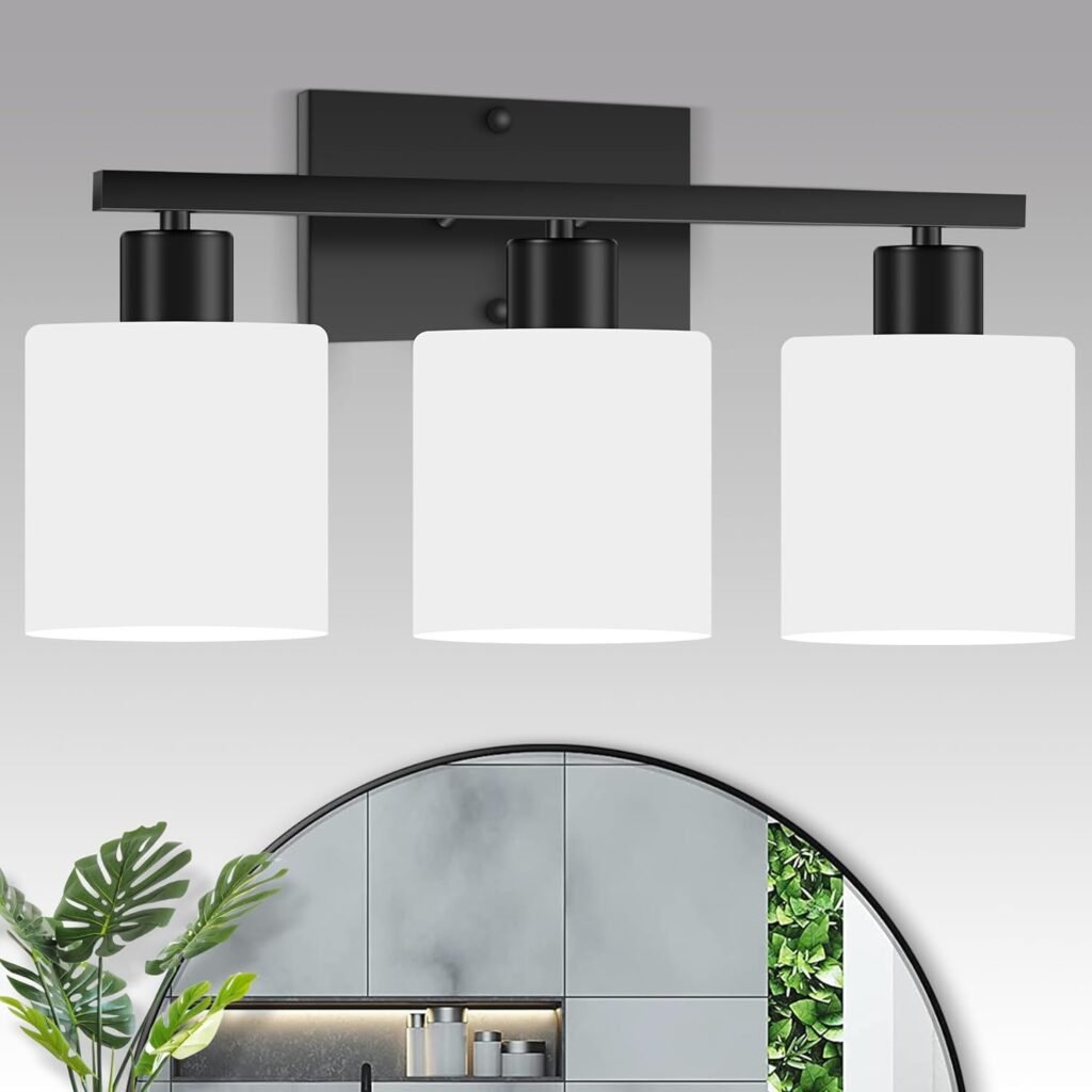 CANMEIJIA 3-Light Bathroom Vanity Light Fixtures, Matte Black Vanity Wall Scones Lighting for Bedroom Living Room, Modern Vanity Lights with Milky White Glass Shades, E26 Socket, Bulbs Not Included