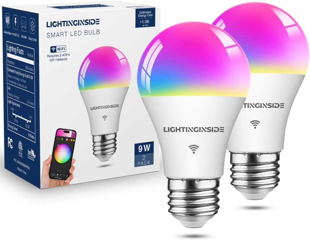 Lightinginside Smart Light Bulbs 60W Equivalent, 800LM 9W WiFi Smart Bulb Compatible with Alexa/Google Assistant, A19 E26 Color Changing Light Bulb No Hub Required, 2.4GHz WiFi Only, ETL Listed, 2PCS