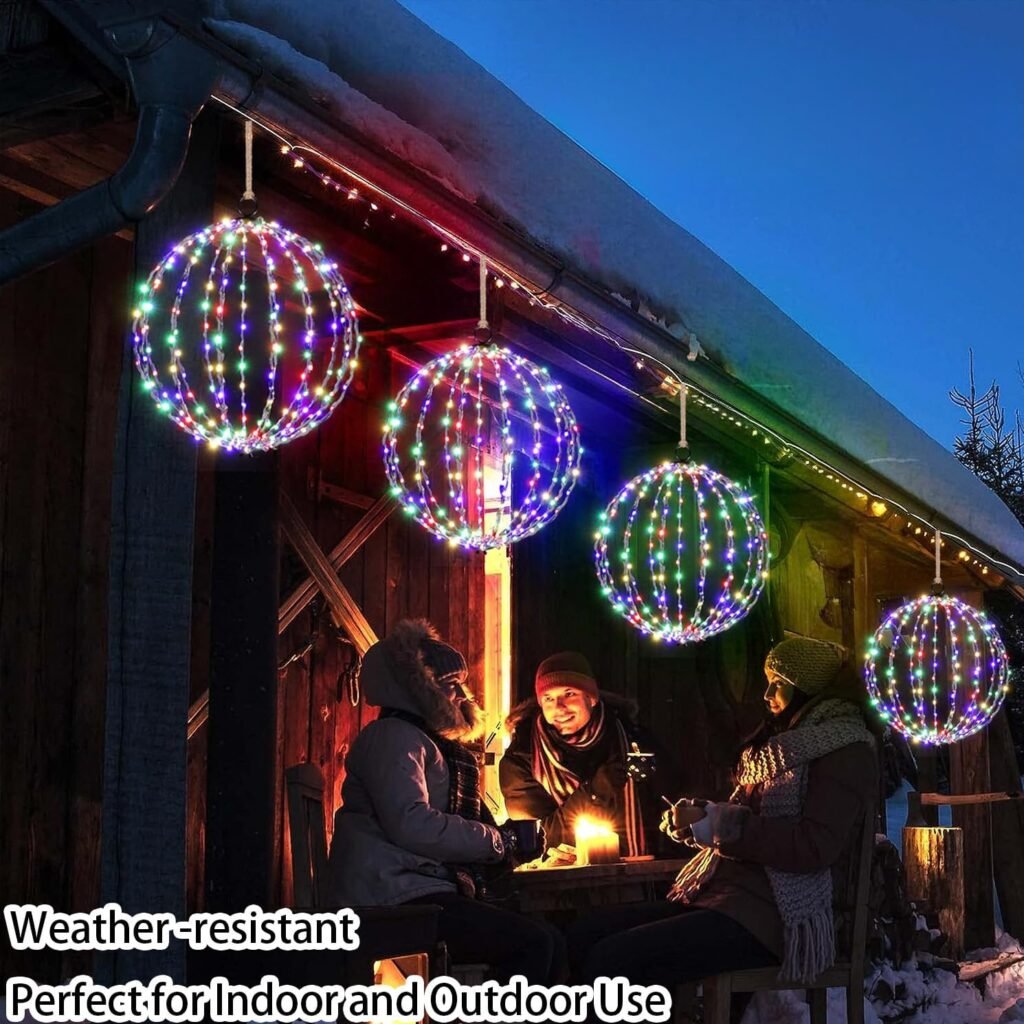 Outdoor Hanging Lighted Sphere, Christmas Decoration Light Balls, 2 in 1 Warm White and Multicolor Chandelier, 208 LED 16 Large Iron Frame Foldable Globe for Patio Tree Gazebo Decor-2Pack