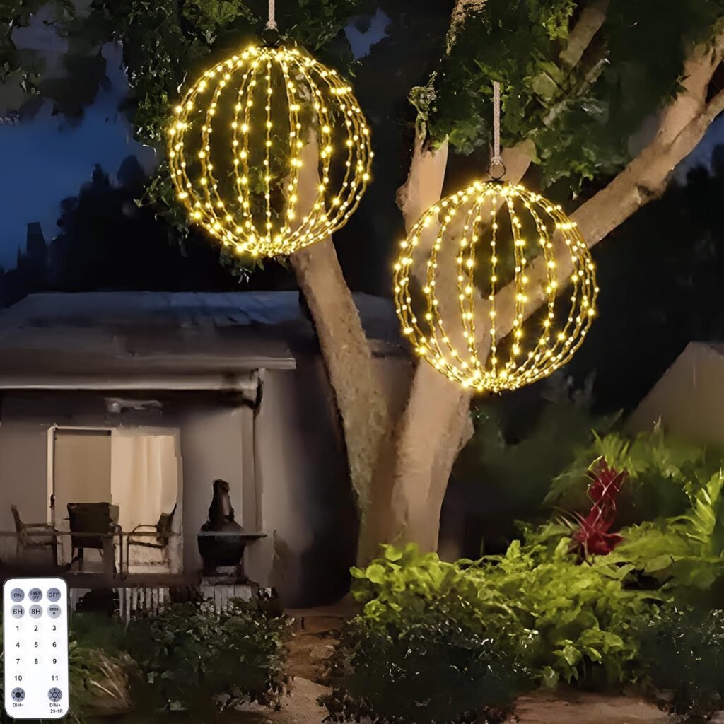 Outdoor Hanging Lighted Sphere, Christmas Decoration Light Balls, 2 in 1 Warm White and Multicolor Chandelier, 208 LED 16 Large Iron Frame Foldable Globe for Patio Tree Gazebo Decor-2Pack